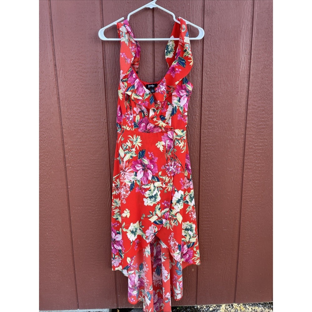 By & By Red Floral Ruffle V-Neck Maxi‎ Dress Womens Small Sleeveless Pink Yellow